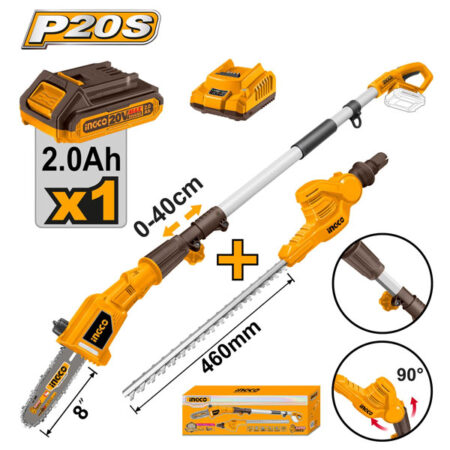 INGCO Cordless pole saw with pole hedge trimmer CPTS201681
