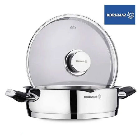 Korkmaz Pera Stainless Steel Cooking Pot with Glass Lid – 24x7cm Induction Compatible