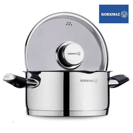 Korkmaz Pera Stainless Steel Cooking Pot with Glass Lid – 24x12cm Induction Compatible