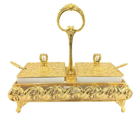 ORCHID 2 Compartment Dry Fruit Serving Tray With Stand and Lid & Spoons Gold TA2534
