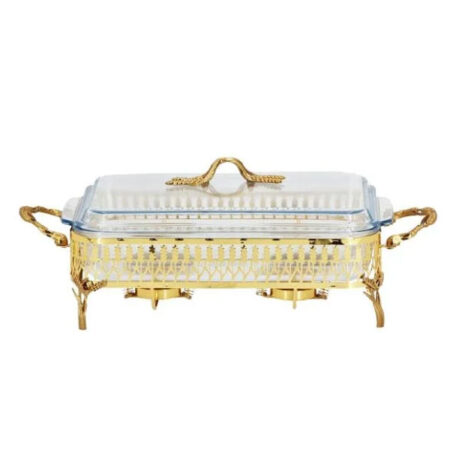ORCHID Rectangular Glass Serving Buffet Dish With Burner Gold CD6677