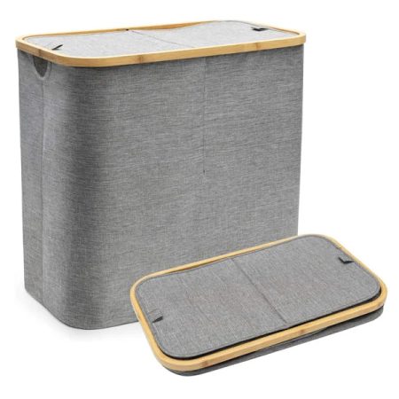 2 Portion Collapsible Laundry Basket with Lid Bamboo Frame for Dirty Clothes Storage