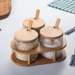 3 Glass Seasoning Jar Set Hammer Mesh Kitchen Condiment Box with Bamboo Lids Tray Spoon Seasoning Container for Spice Salt Sugar