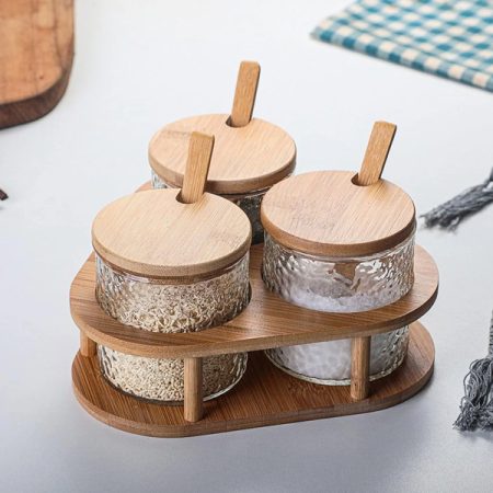 3 Glass Seasoning Jar Set Hammer Mesh Kitchen Condiment Box with Bamboo Lids Tray Spoon Seasoning Container for Spice Salt Sugar