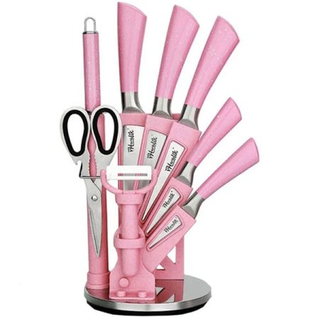 Kitchen Knife Set 9PCs Pink Wheat Straw Sharp Cooking Knife Set with Acrylic Stand