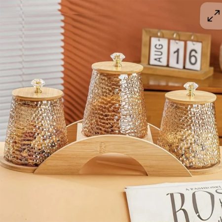 Multipurpose Borosilicate Gourd Storage Jar 3Pcs Set With Wood Stand