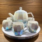 TEA SET Ceramic Cups and Kettle Set of 6 With Revolving Tray