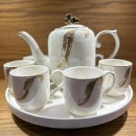 TEA SET Ceramic Cups and Kettle Set of 6 With Revolving Tray