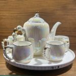 TEA SET Ceramic Cups and Kettle Set of 6 With Revolving Tray