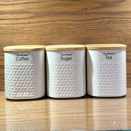 Tea Coffee Sugar Canisters, 1000ML 3 Piece of Metal Canister Storage Jar Container Set With Airtight Bamboo Lid