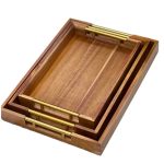 Wooden Bamboo Serving Tray With Golden Handles